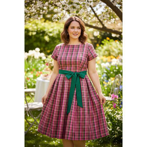 eShakti Bow Tie Check Dupioni Dress Party Special Occasion Pink Plaid 3X 24W